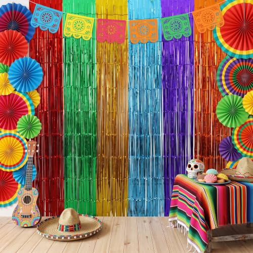 Image of TONIFUL 2Pcs Multicolor Metallic Tinsel Foil Fringe Curtain Door Streamer | 3.3ftx6.6ft Photo Booth Backdrop Tinsel Streamer Curtain, Props for Taco Cinco de Mayo Party Birthday Baby Shower Decorations