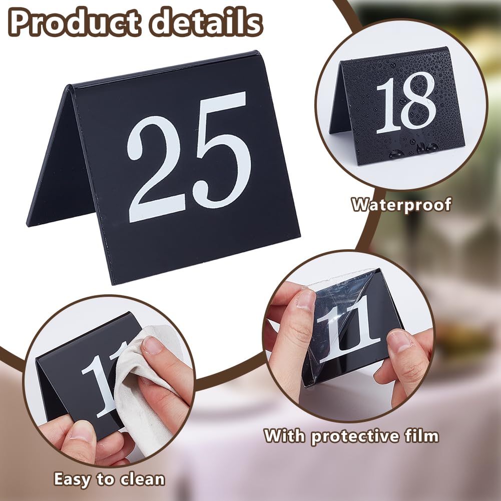 OLYCRAFT 50 letreros acrílicos de números de mesa de estilo tienda de campaña del 1 al 50 números de mesa negros de doble cara, letreros acrílicos de 5,3 x 6,3 x 4,9 cm para bodas, banquetes,
