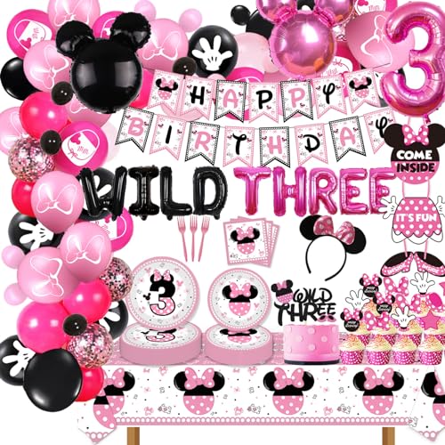 161PCS Minnie 3rd Birthday Party Decorations, Girls Wild Three Balloons Arch Garland Kit, Girls Third Bday TableCloth, Tableware for Minnie 3 Years Old Birtdhay Party Supplies Decorations