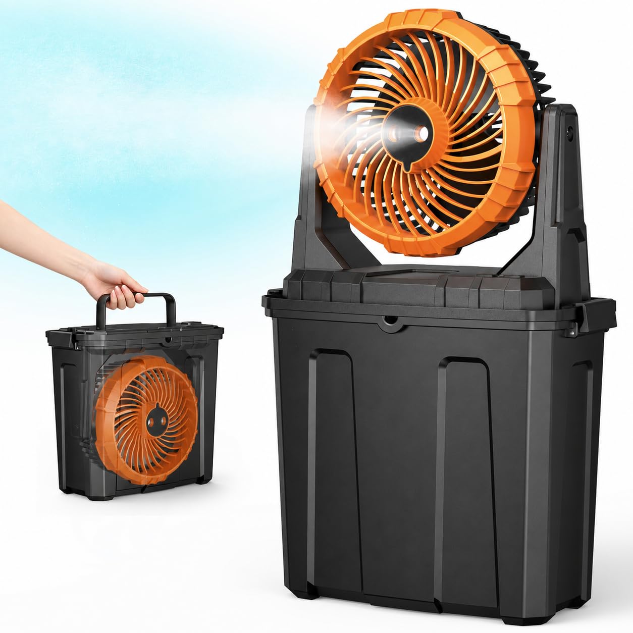 Ausic Ventilador de nebulización portátil de 9 litros, ventiladores de exterior de 10 pulgadas y 20000 mAh para patios, ventilador de batería recargable, ventilador de refrigeración de agua para