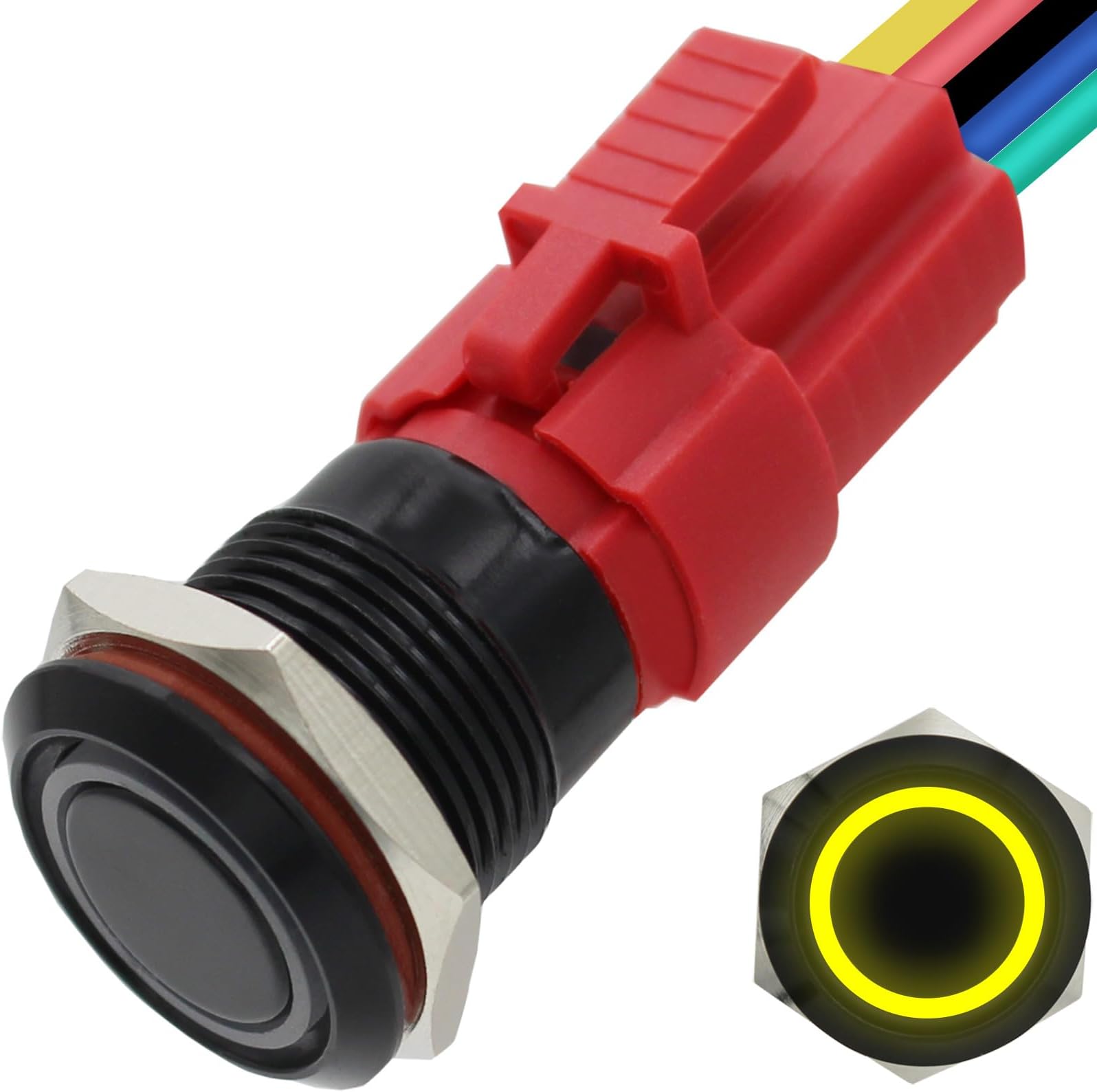 16MM Latching Push Button Switch 12V, On Off Button with LED, Waterproof Marine Push Button for Car, Light Power Switch 0.63" Mounting Hole with Wire Socket Plug Self-Locking (Black Shell-Yellow)