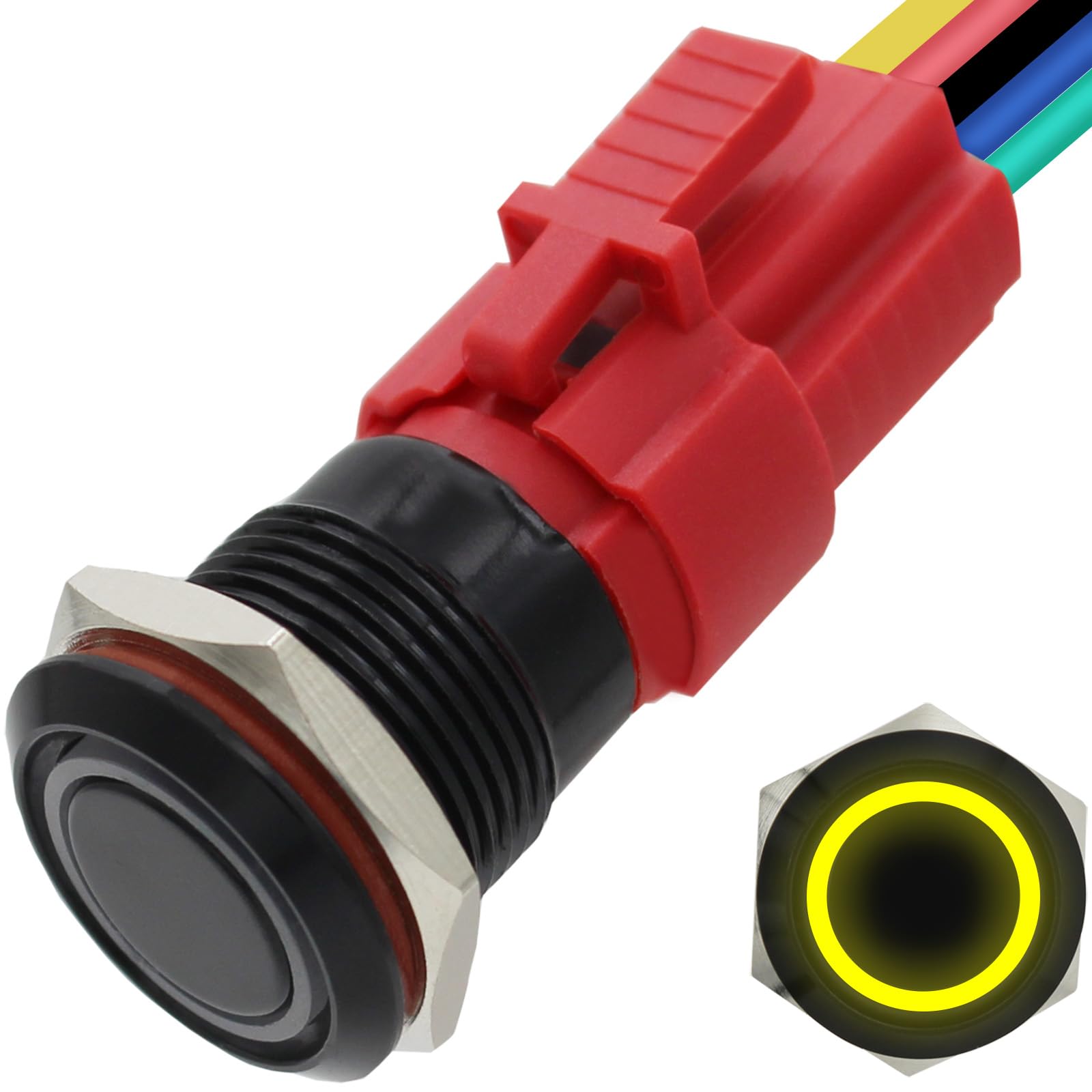 16MM Latching Push Button Switch 12V, On Off Button with LED, Waterproof Marine Push Button for Car, Light Power Switch 0.63" Mounting Hole with Wire Socket Plug Self-Locking (Black Shell-Yellow)
