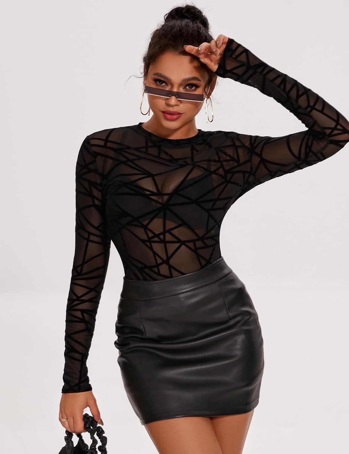 AKEWEI Womens Mesh Long Sleeve Tops Crew Neck Sexy See Through Tee Shirts Party Club Night Lace Blouse - Image 5