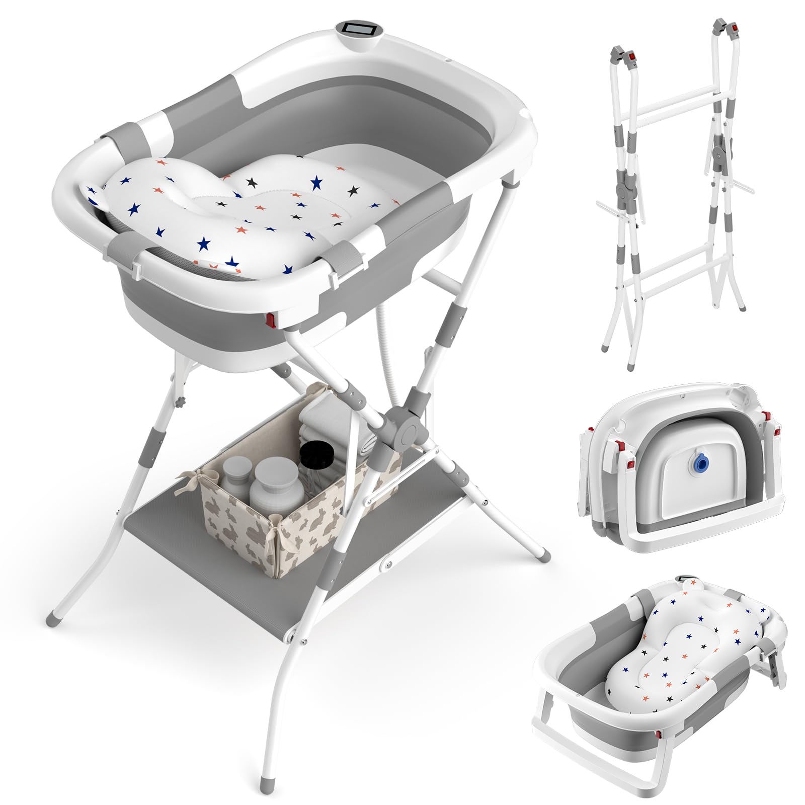 Photo 1 of BALLA BALEIN Baby Bathtub with Stand, 2-in-1 Collapsible Bath Tubs for Newborn to Toddler, Infant Bathtub with Folding Stand, Portable Bathtub for Baby Including Soft Cushion, Storage Pad (Gray)