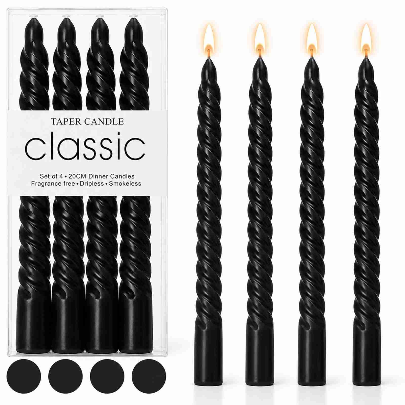 4 Pack Black Twisted Taper Candles, 20cm Spiral Dinner Candlesticks — image 1