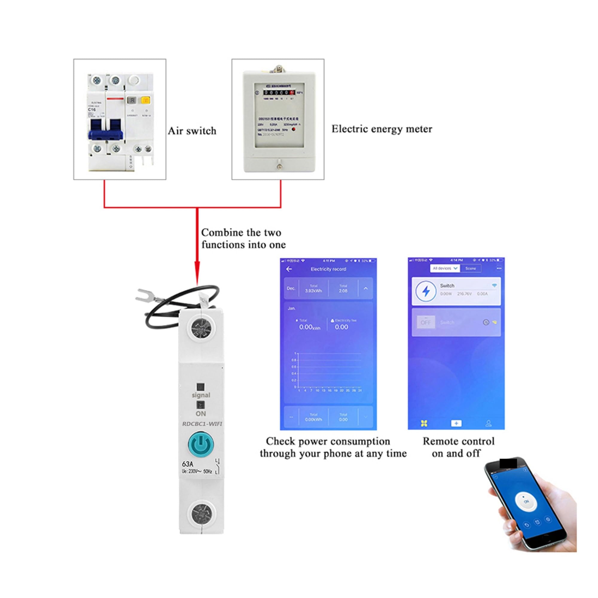 Interruptor Automático, Medidor de energía inteligente con carril Din 1P, consumo de energía, medidor de KWh, interruptor de circuito, voltímetro de relé for hogar inteligente (40A)