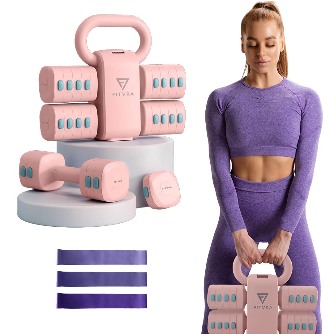Regulowane hantle 2 w 1 + regulowane hantle kettlebell, zestaw ciężarków dla kobiet, różowy, 1-3 kg i 2,5-6,5 kg, z 3 elastycznymi paskami i prowadnicą