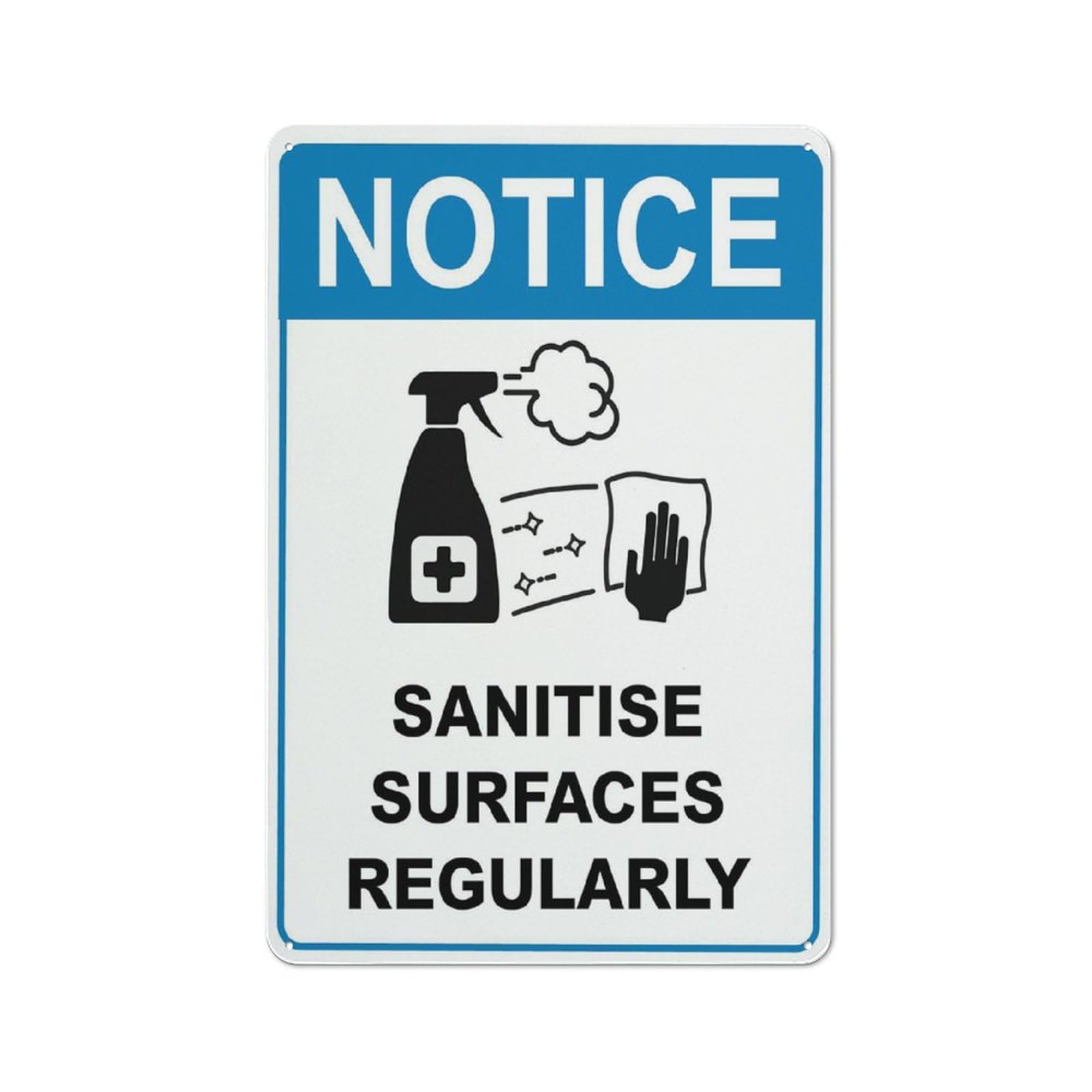 Notice - Sanitise Surfaces Regularly (Blue) Sign, 8x12 Inch UV-Ink Printed Aluminum for House & Business