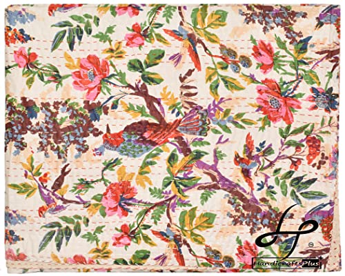 Handicrafts Plus Beautiful Bird Print Coverlet White Color Kantha Home Decor Bedsheet King/Queen Size Kantha Bedding 90x108''