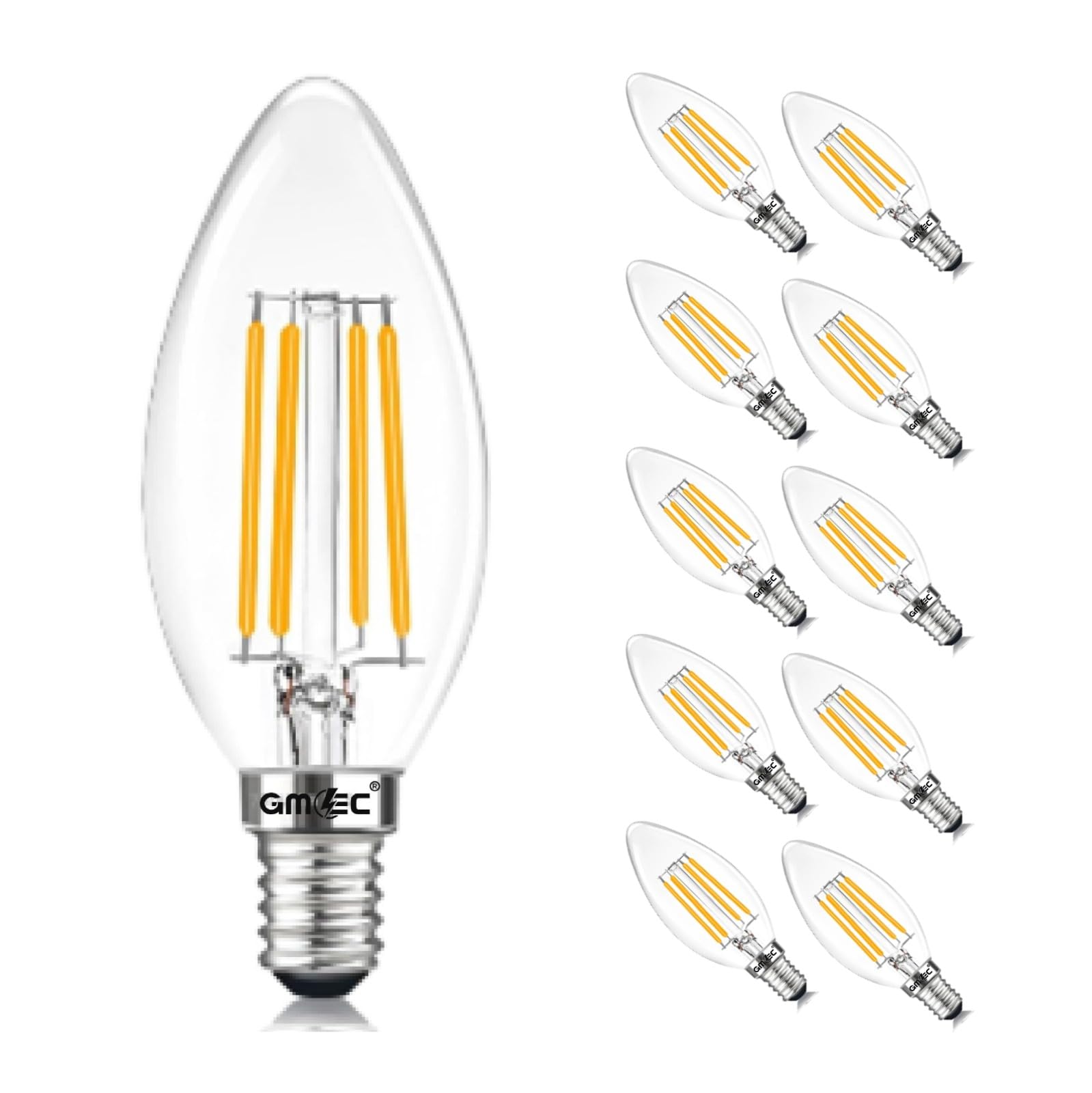 GMEC E14 LED Candle Bulb – 4W (40W Equivalent), 3000K Warm White – Clear Glass Filament, Edison Screw SES – 450 Lumens, Non-Dimmable – Pack of 10
