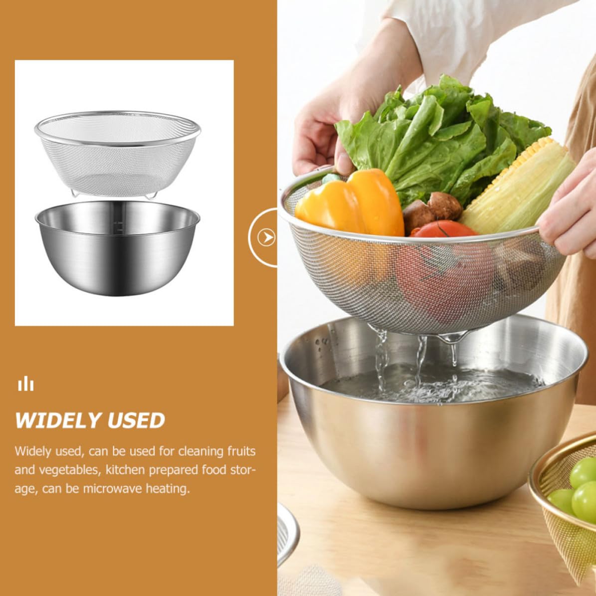 OSALADI Set 2 Pezzi Scolapasta e Ciotola in Acciaio Inox per Lavare Riso e Frutta, Fondo Piatto Stabile e Antiscivolo per Uso Domestico in Cucina