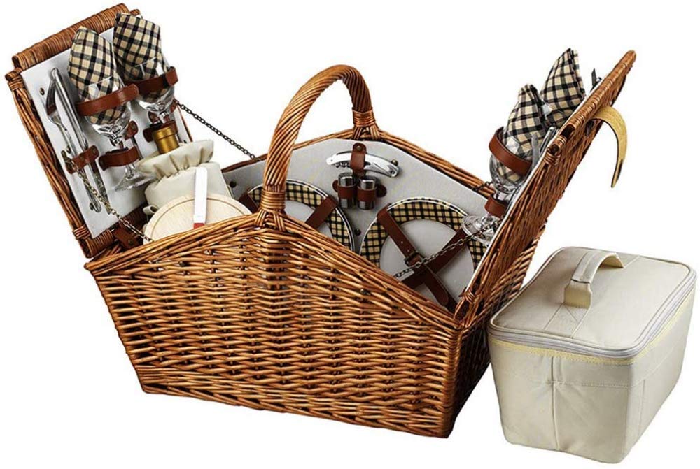Panier de pique-nique, panier de pique-nique en rotin, panier à fruits, panier de rangement portable en rotin, panier de courses portable avec couvercle, panier de rangement, 46 x 31 x 20 cm