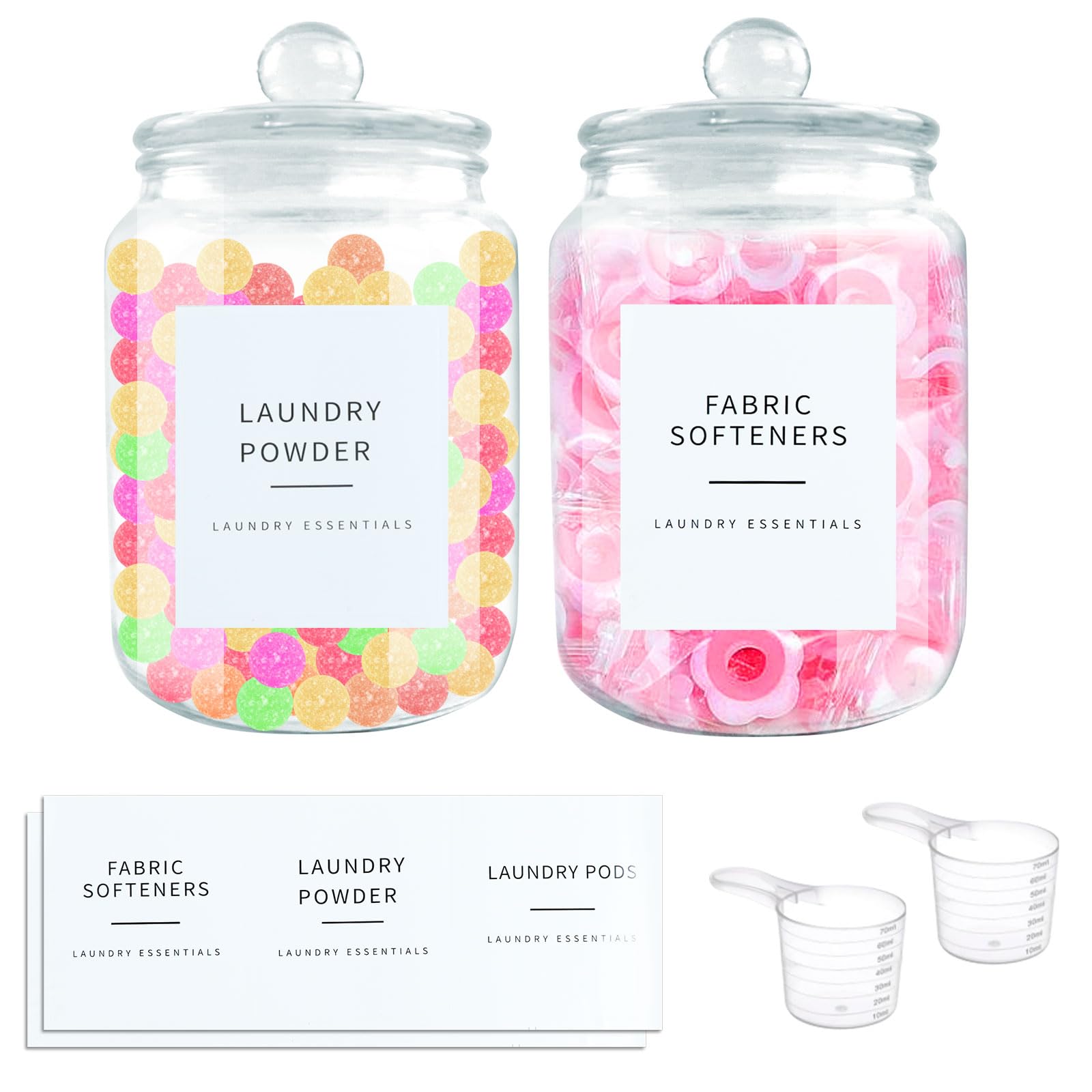 Qivine 2Pcs Washing Powder Storage With Labels, 67.6 Oz Glass Laundry Storage Containers Jar Laundry Detergent Storage Laundry Container For Detergent, Washing Powder, Detergent Dispenser