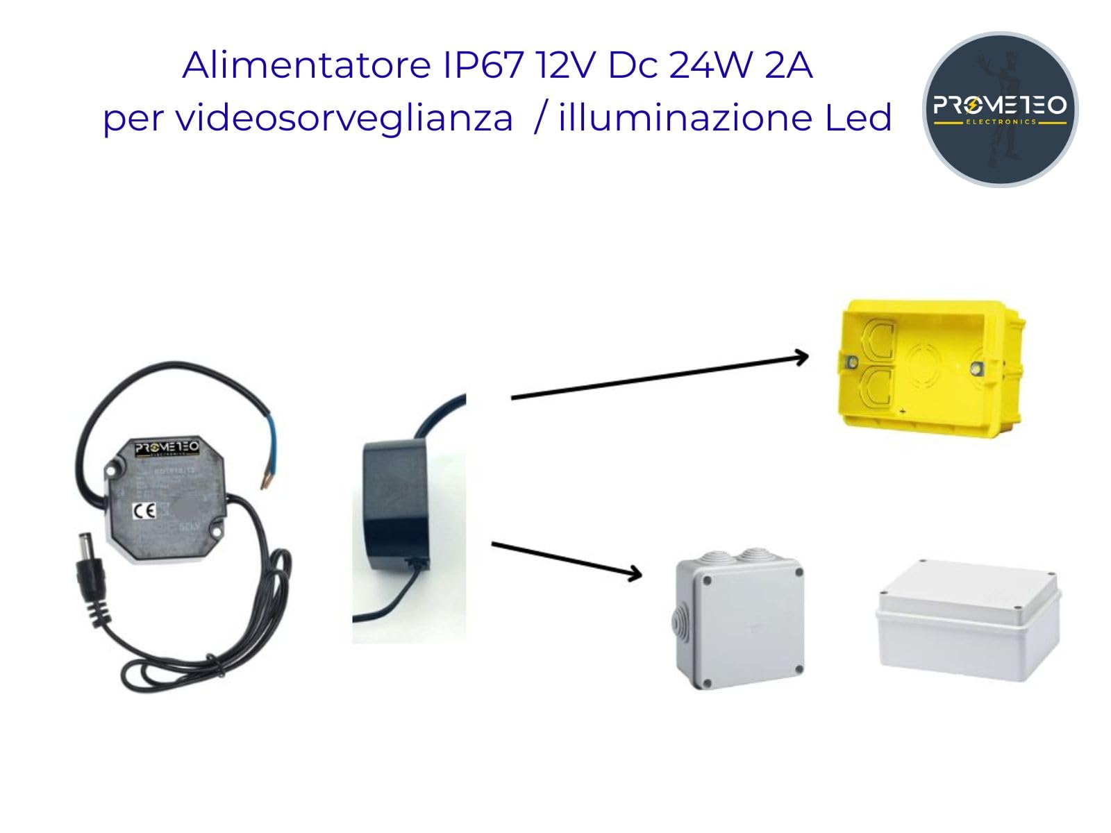 Alimentatore IP67 12V Dc 24W 2A da incasso su 503 compatibile per videosorveglianza/illuminazione Led - 47.5 x 50 x 25mm