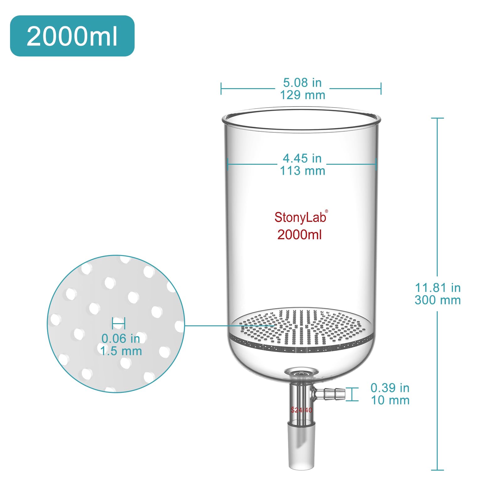 stonylab Embudo de Filtración Buchner de Vidrio, Embudo de Filtro de Placa de Vidrio Borosilicato con Conexión de Manguera de 10 mm y Junta Estándar 24/40 para Pruebas de Filtración, 2000 ml