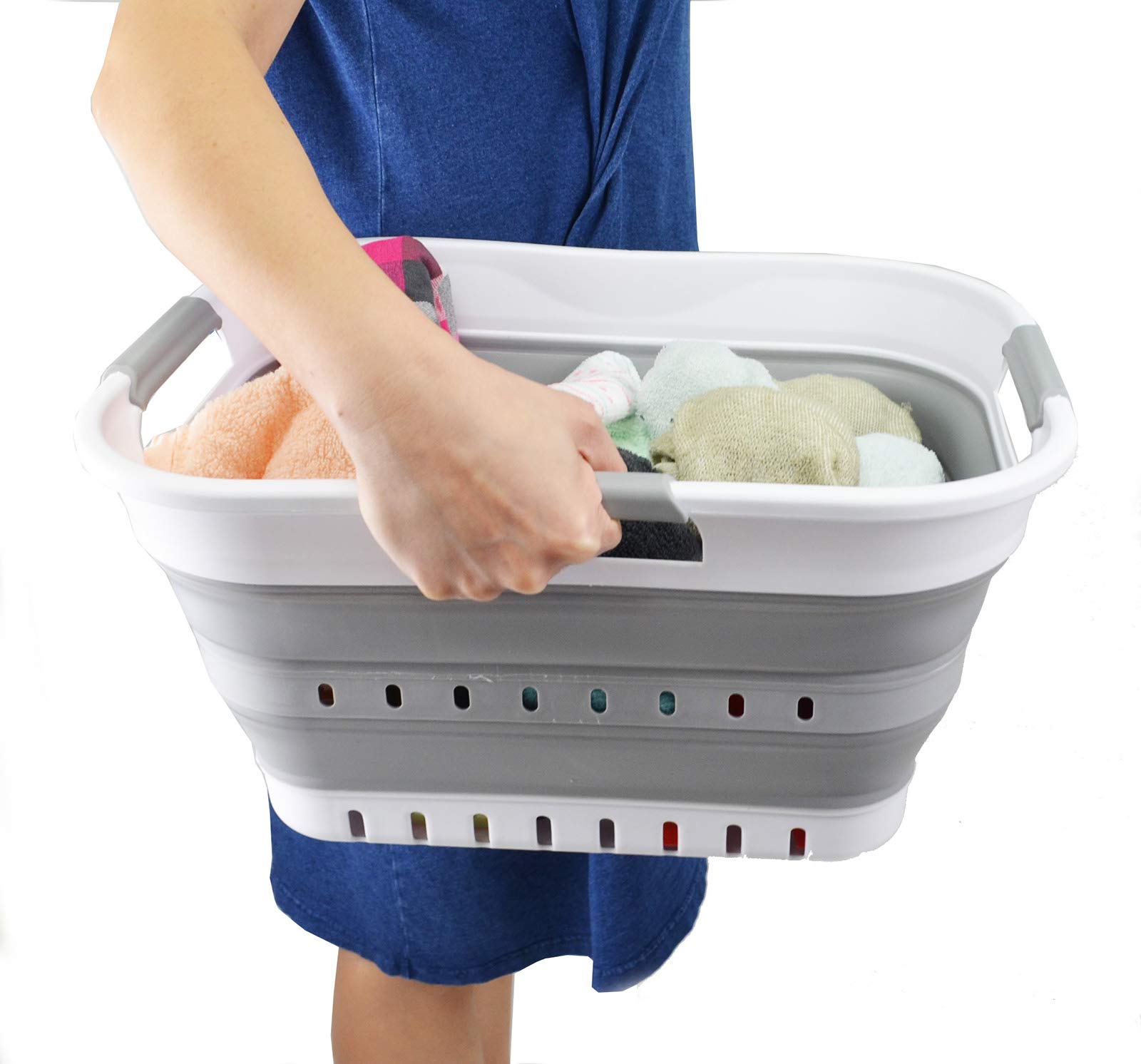 SAMMART Cestino pieghevole in plastica con 3 manici, 19 l, super mini, pieghevole, salvaspazio, colore: bianco/grigio