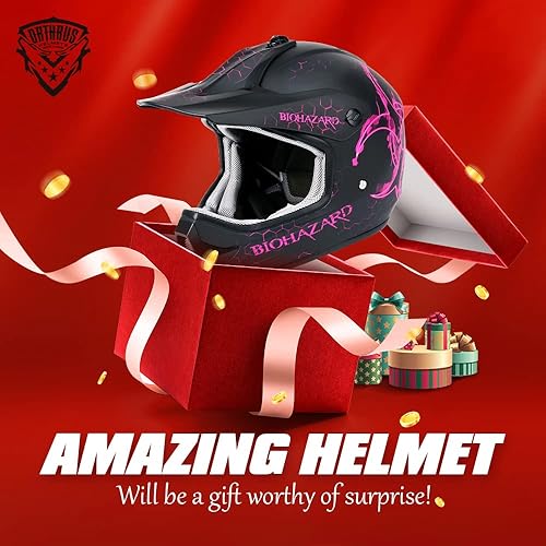 Miniatura 2 de Orthrus Certificado DOT Casco para adultos y jóvenes para moto de tierra, ATV, motocross, fuera de carretera, bicicleta de motocicleta (BIO-Rosa, L)