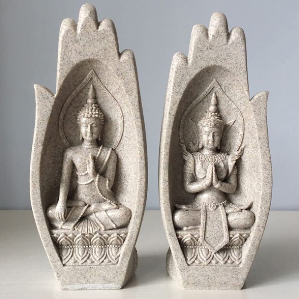 Lot de 2 statues de Bouddha en résine de grès bergamote pour la maison, le bureau, le yoga, la décoration créative artisanale