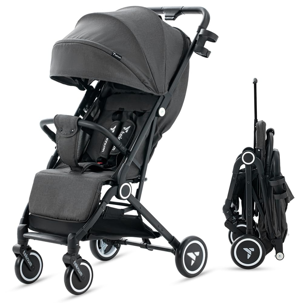 Teknum Travel Cabin Stroller | Single Hand one-sec fold | Cabin Approved | Extra Wide Canopy | Wide Seat Base | Light Weight | Compact | Coffee Cup Holder | 0-4 Years | 5-point safety - Slate Grey