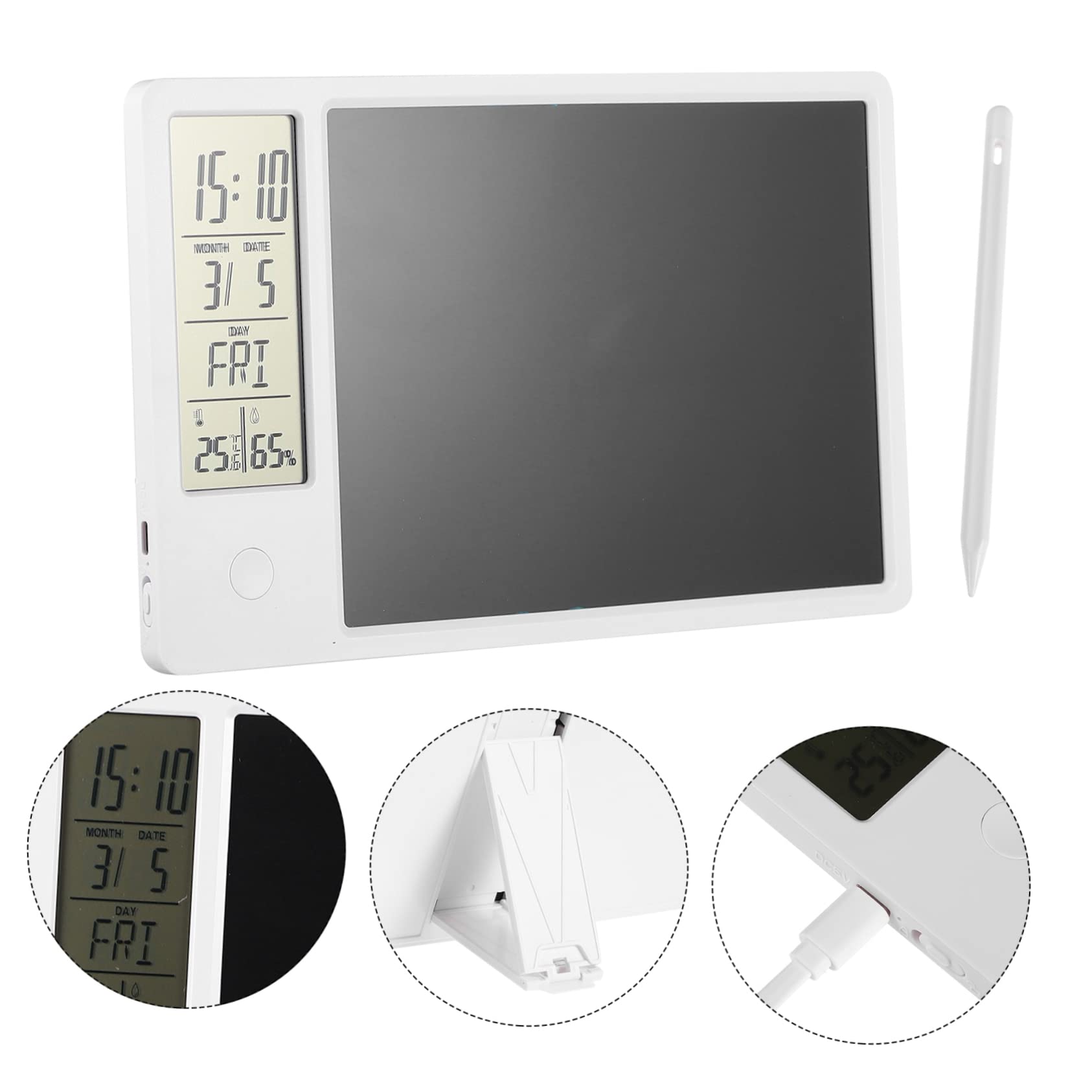 Amosfun Calendario Elettronico Igrotermografo e Tavoletta Lcd Scrittura 10 Pollici Bianco Blocco Schermo, Batteria Ricaricabile USB Type-c, per Ambienti Domestici e Lavorativi