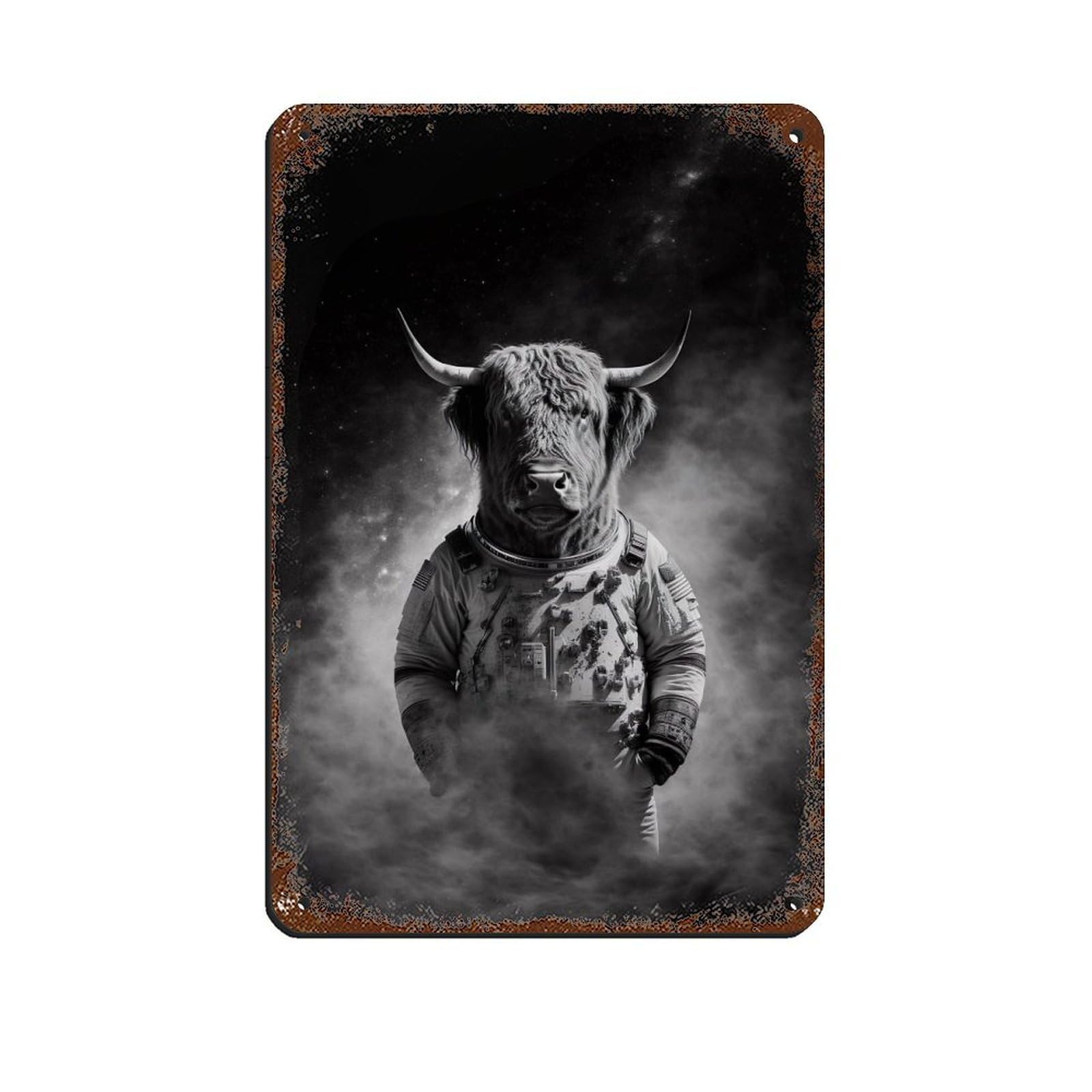 Lxwnze 20L X 30W Cm Highland Cow In A Spacesuit, Animal In Space Tin Sign Vintage Metal Pub Club Cafe Bar Home Wall Art Decoration Poster Retro 8X12inch(20X30cm)