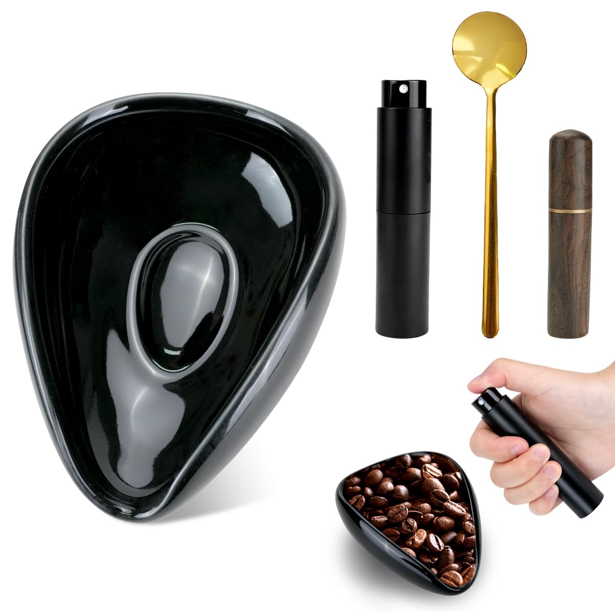 4Pcs Coffee Bean Dosing Cup, RDT Spray Bottle, Espresso Coffee Stirrer and Spoon Set, Ceramic Dosing Vessel Tray/Single Dose Measuring Tray Kit, Coffee Bar Accessories, Coffee Lover Christmas Gift