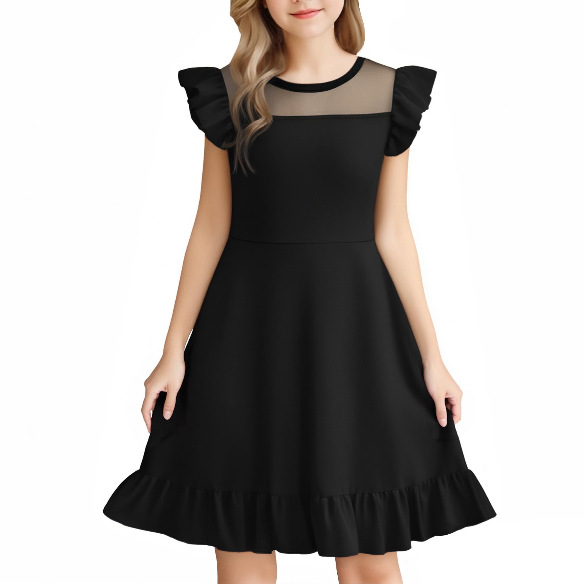 LQSZ Girls Dress Summer Ruffle Sleeve Mesh High Waist A Line Casual Party Dresses 3-12Y