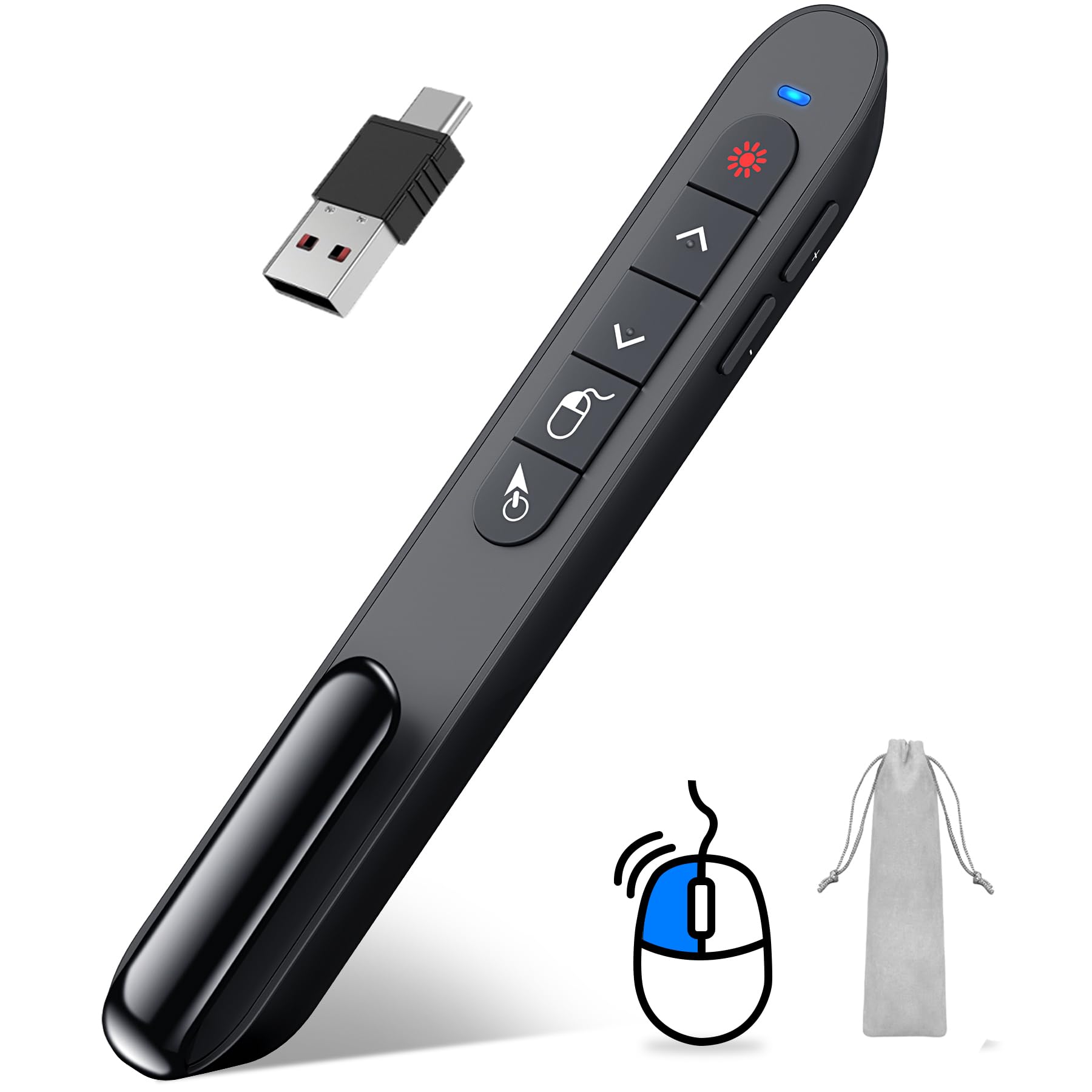DINOSTRIKE USB-A and USB-C Presentation Clicker with Air Mouse Control, Rechargeable Wireless Presenter Remote PPT Pointer RF 2.4GZ PowerPoint Clicker Slide Advancer for Mac Computer Laptop
