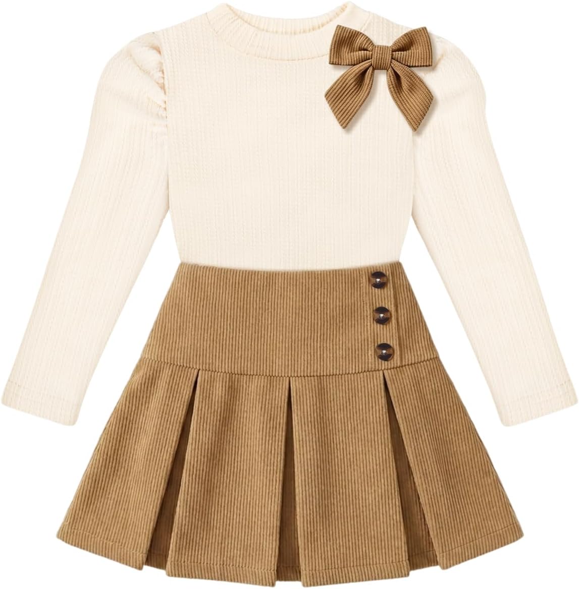 Toddler Girl Outfits Knit Bow Sweatshirt Tops & Pleated Skirts Set