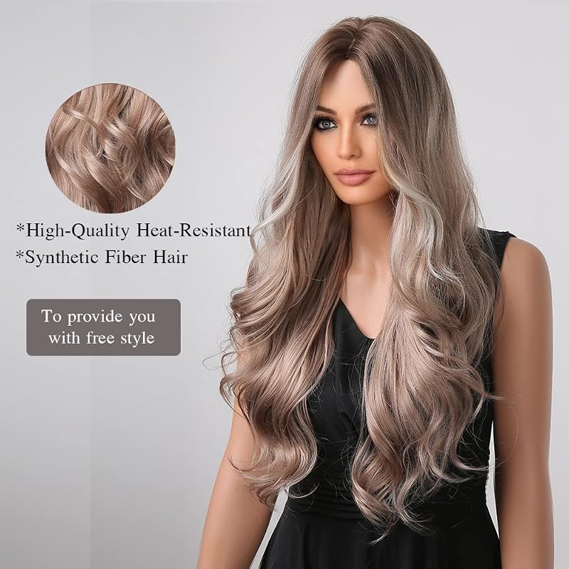 Esmee Hosszú Hullámos Paróka - 66 cm Ombre Barna-Hamvas Szőke, Hőálló Szintetikus Haj, Természetes Hatású, Állítható Fejméret, Cosplay, Part