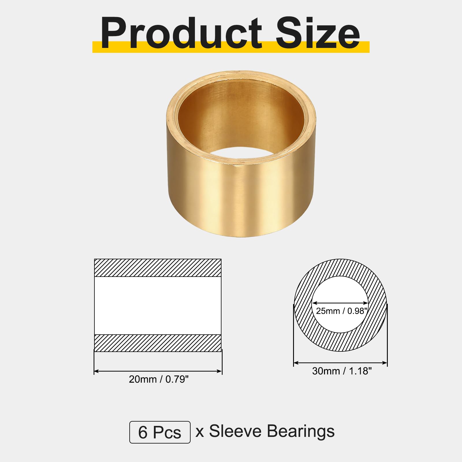 QUARKZMAN 6 Stück Gleitlager Hülse, 25mm Bohrung x 30mm AD x 20mm Länge Sinterbronze Lager Buchsen für Industrieanlagen