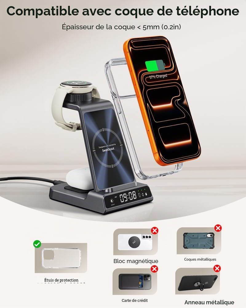 3 en 1 Chargeur pour Montre Garmin Venu Fenix Forerunner Vivoactive CIRQA | Station de Charge pour iPhone 17/Air, pour Samsung Z Flip 8/S26, Support Chargeur pour Garmin, avec Horloge, Sans Adaptateur