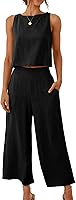 ANRABESS Women's Linen 2 Piece Outfit Sleeveless Crop Top Wide Leg Capri Pants Summer Beach Lounge Set