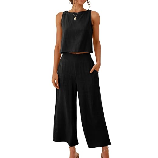 ANRABESS Women's Summer 2 Piece Outfits Linen Sleeveless Tank Crop Top Wide Leg Pants Jumpsuits Matching Lounge Set 2024 Fashion Spring Beach Travel Clothes Black 546heise-S