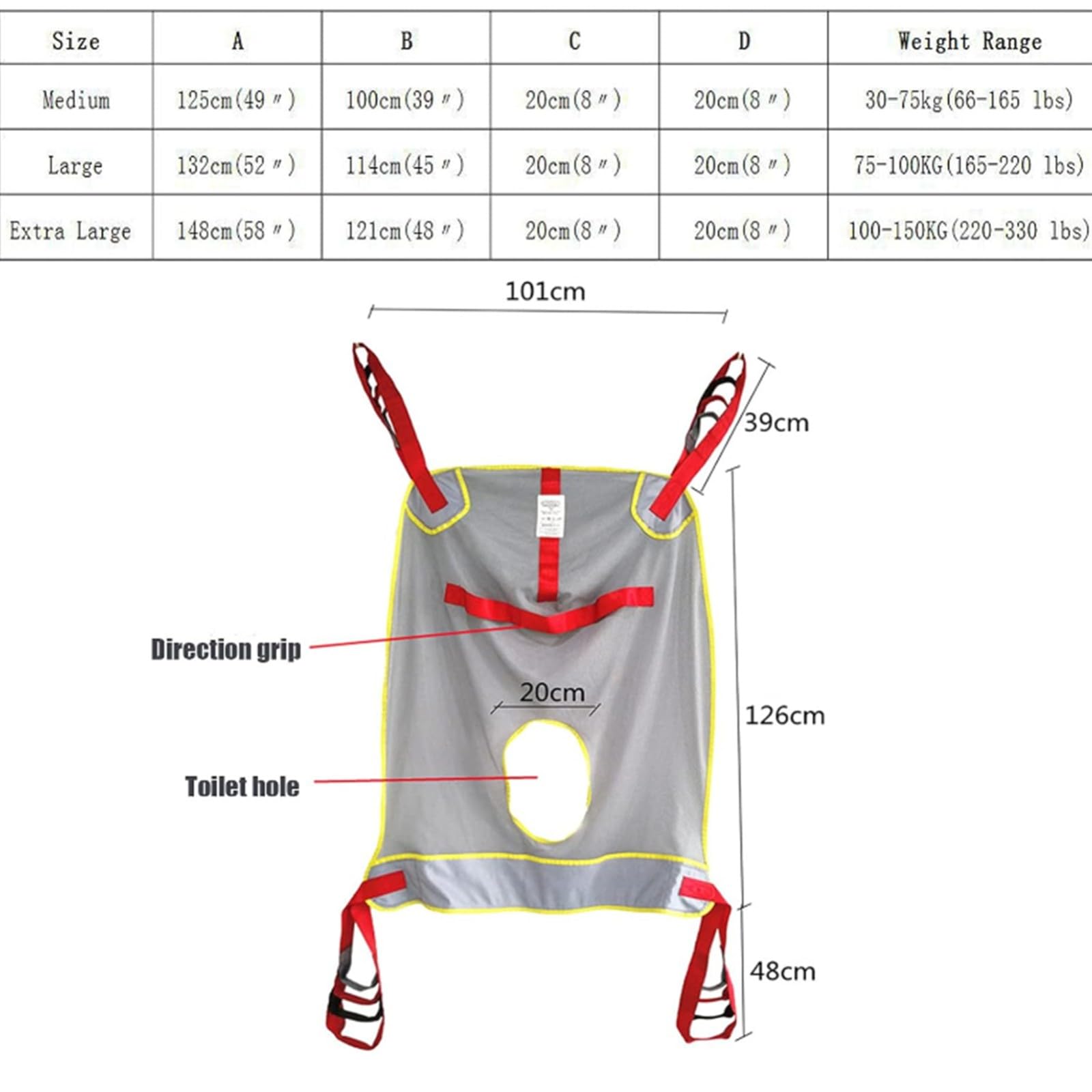 Eslinga de elevación de cuerpo completo para pacientes con soporte para la cabeza, correa de transferencia resistente para baño, 4 cordones ajustables, carga de 230 kg