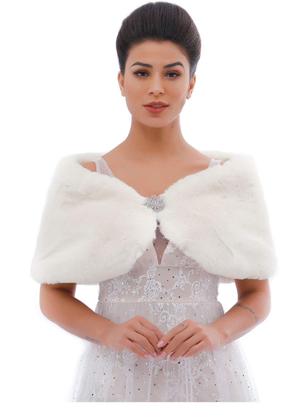 JAKAWIN Women’s Faux Rabbit Fur Wraps and Shawls Bride Wedding Fur Stole Bridal Fur Shrug for Women