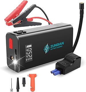 Jump Starter with Air Compressor, ZunDian Q7 Portable Car Battery Jump Starter 4000A Peak 28000mAH (10.0LGas/8.0L Diesel), 12V Battery Jumper Booster Pack with Display, USB Port, Emergency Light