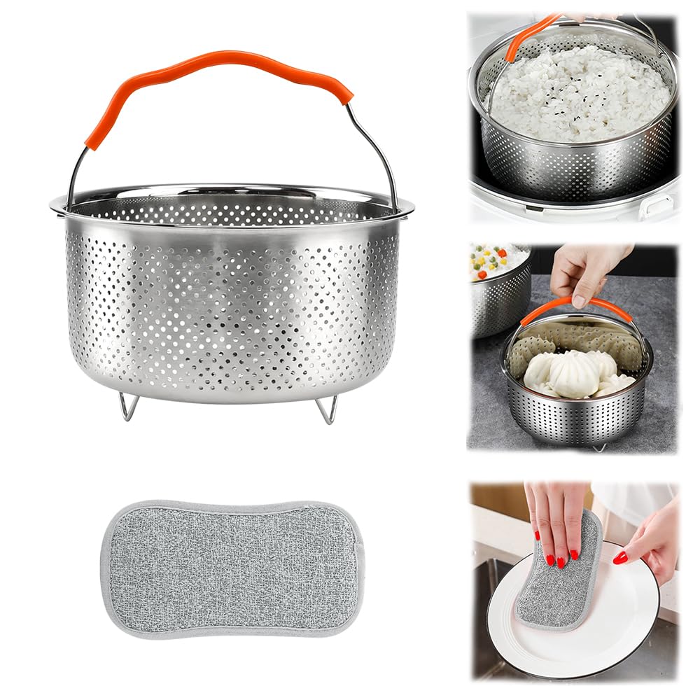 Cesta de Vapor Acero Inoxidable 2L 17.5cm Cesta para Vapor de Olla Cesta Vaporera de Verduras Cesta de Vapor para Olla a Presión Castillo Multiusos con Mango para Verdura Huevo Rroz + Esponja