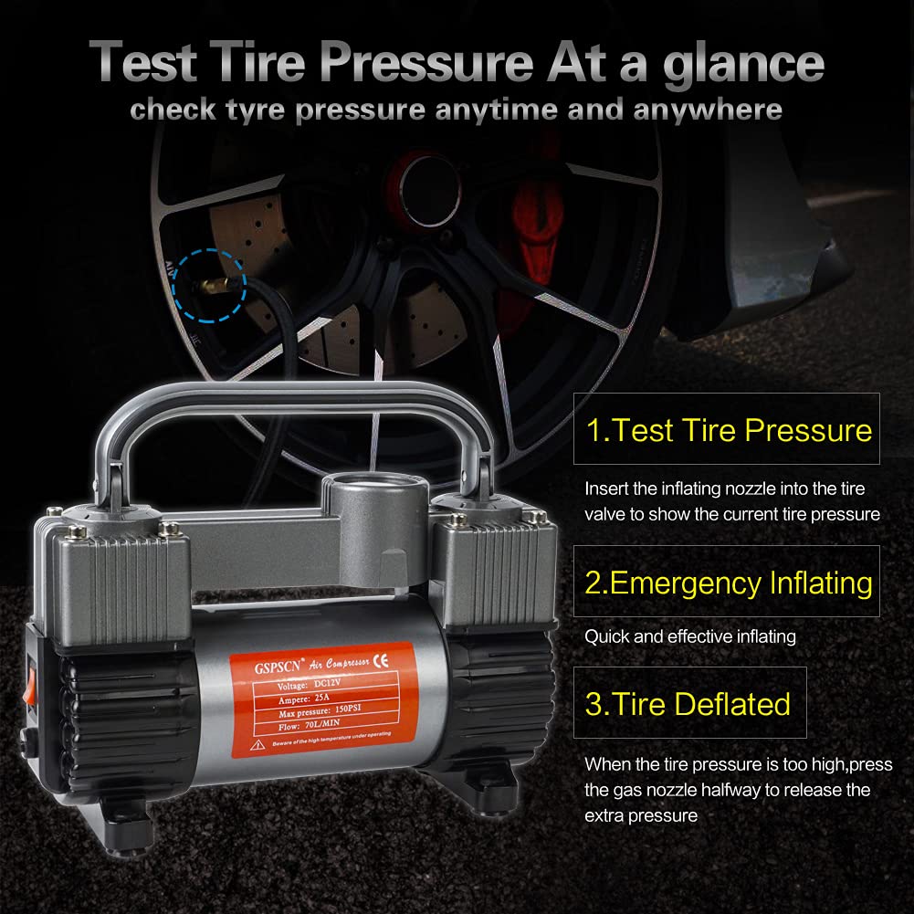 GSPSCN Tire Inflator Heavy Duty Double Cylinders, Portable Metal DC 12V