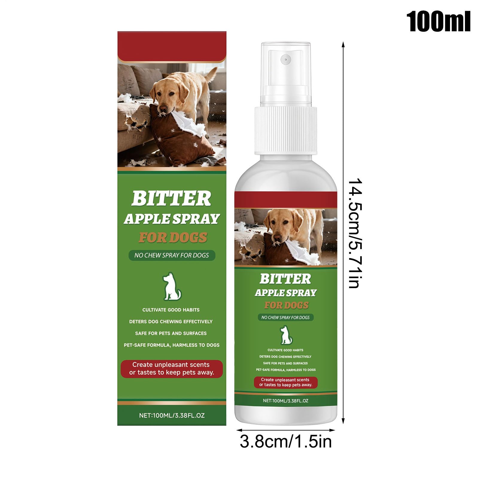 Bitter Spray – Mastication Naturelle 100 ML | Correcteur de comportement pour intérieur et extérieur sur Meubles, Tapis, terrasse, Poubelle, Surfaces d'entraînement, 3,8 x 14,5 cm