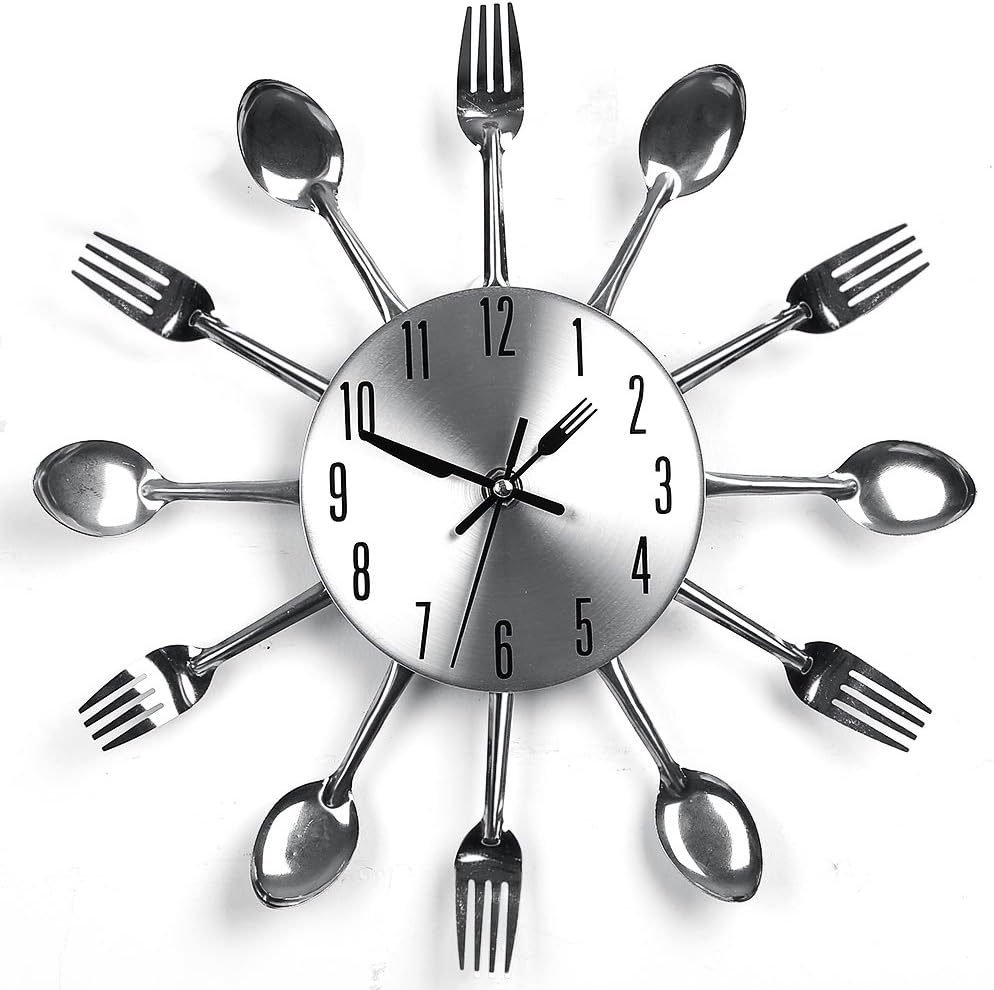 YHANONAL Cutlery Clock Kitchen Fork Knife Creative Novelty Hang Clock Sliver Decorative For Modern Home Office Club