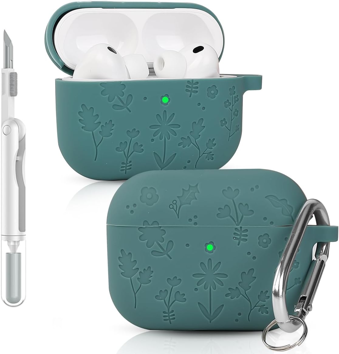 Case for AirPods Pro 3 | Soft Silicone Cover with Flower Pattern | with Cleaning Pen Kit and Keychain | Front LED Visible | Full Protective (DarkGreen, 1 Pack + Cleaning Kit)