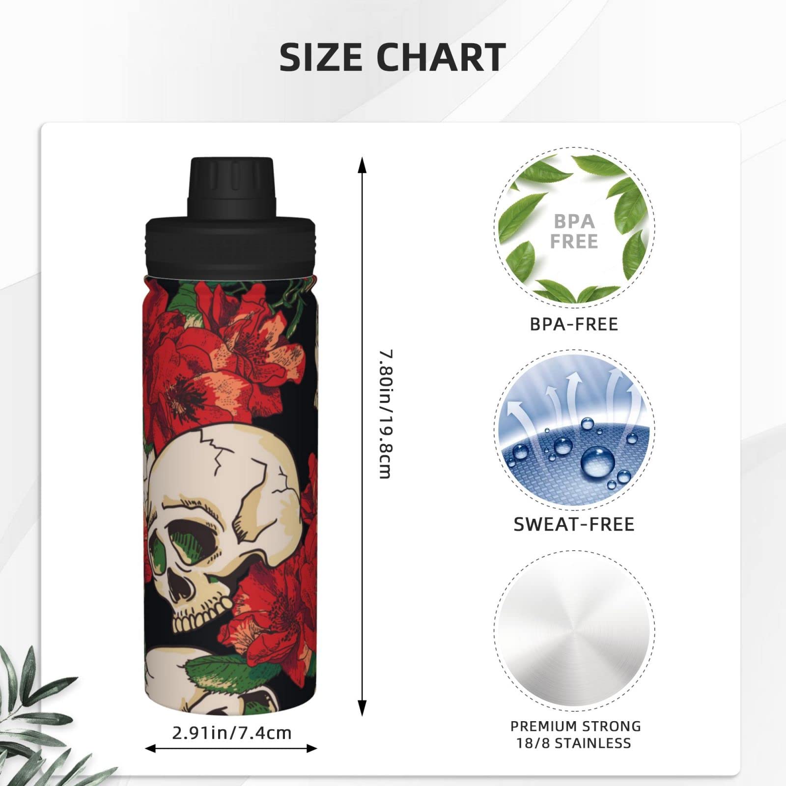 Rose And Skull Sport-Wasserflasche, 510 ml, isolierte Edelstahl, auslaufsichere Wasserflasche für Reisen, Fitnessstudio, Büro