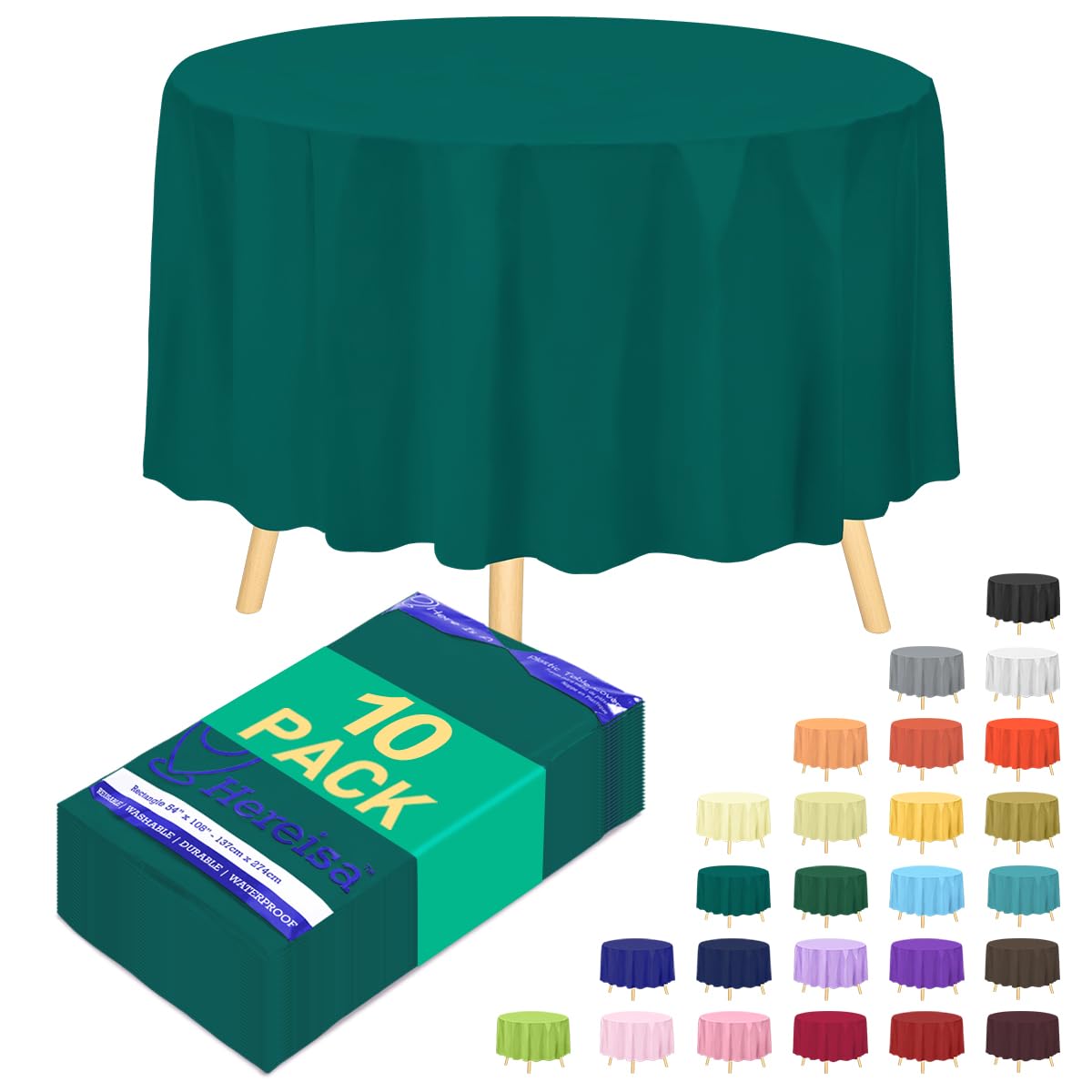 Hereisa Teal Round Disposable Plastic Tablecloth 84 Inch [10-Pack] - Bulk Waterproof Party Supplies, Easy Cleanup