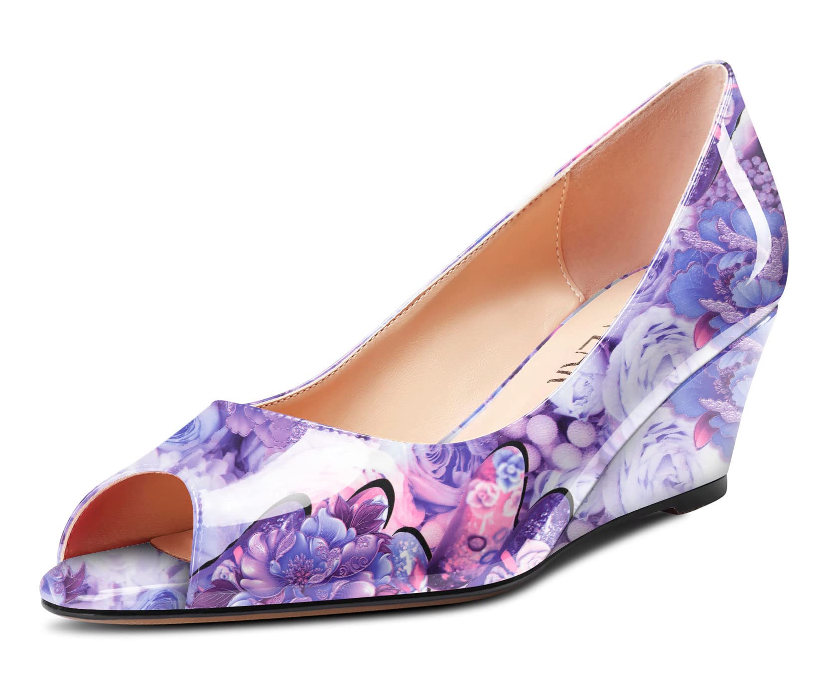 HEUIVZAR Women Wedge Pumps Open Peep Toe Mid Low Heel Slip-on Patent Dress Shoes Classic 2 Inch