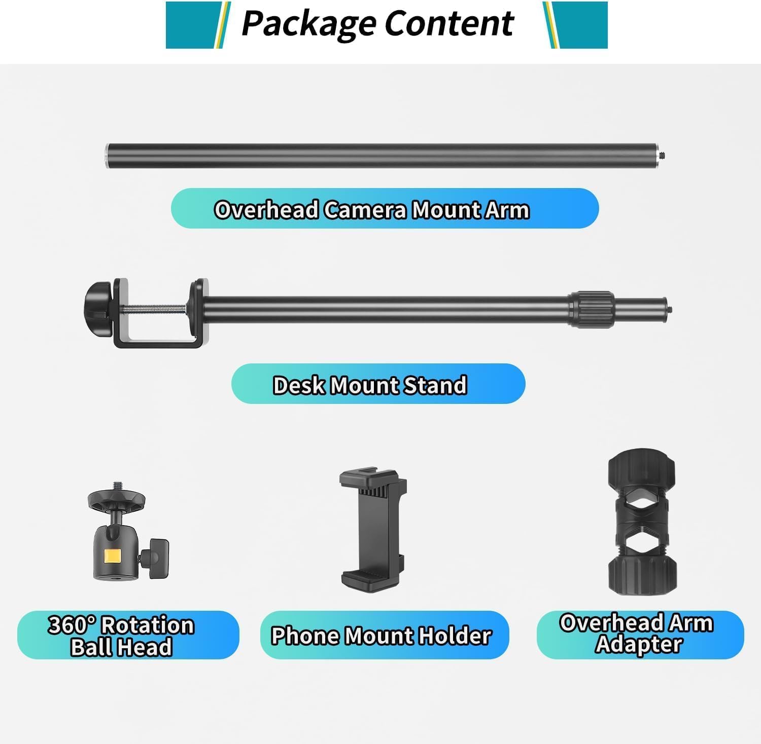 OS02 Supporto da tavolo per Fotocamera, 31 – 97 cm, Regolabile, per DSLR, Treppiedi con Braccio Flessibile e Testa a Sfera da 1/4" per Fotocamera, Luce ad Anello Live Streaming