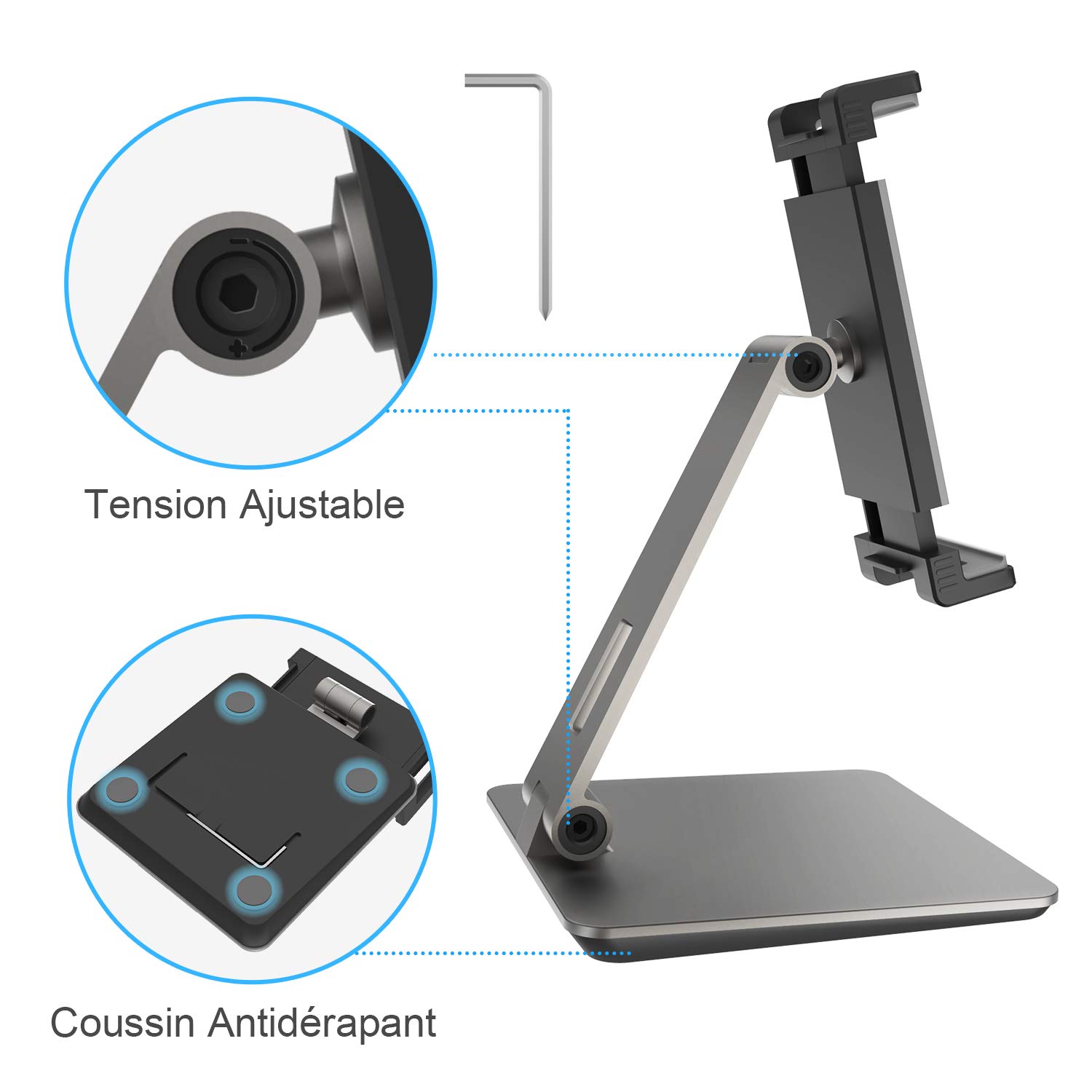 Tablet-Halterung, schweres Aluminium, verstellbar, 360° drehbar und faltbar, kompatibel mit iPad, Samsung Tab, Kindle (4,7-13 Zoll), Grau