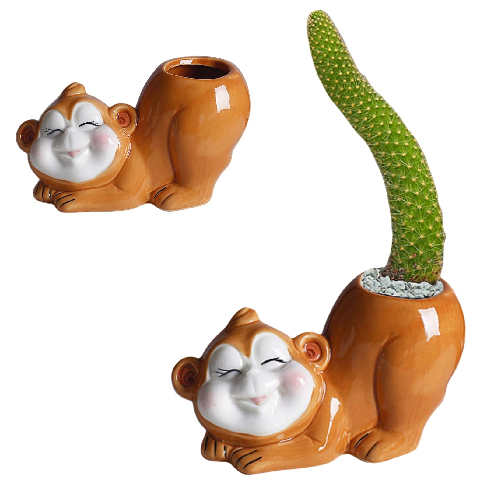 5'' Monkey Ceramic Succulent Planter Cute Cartoon Pottery Bonsai Pot Cactus Flower Plants Pot Air Plant Holder Display Containers for Home Office Desk