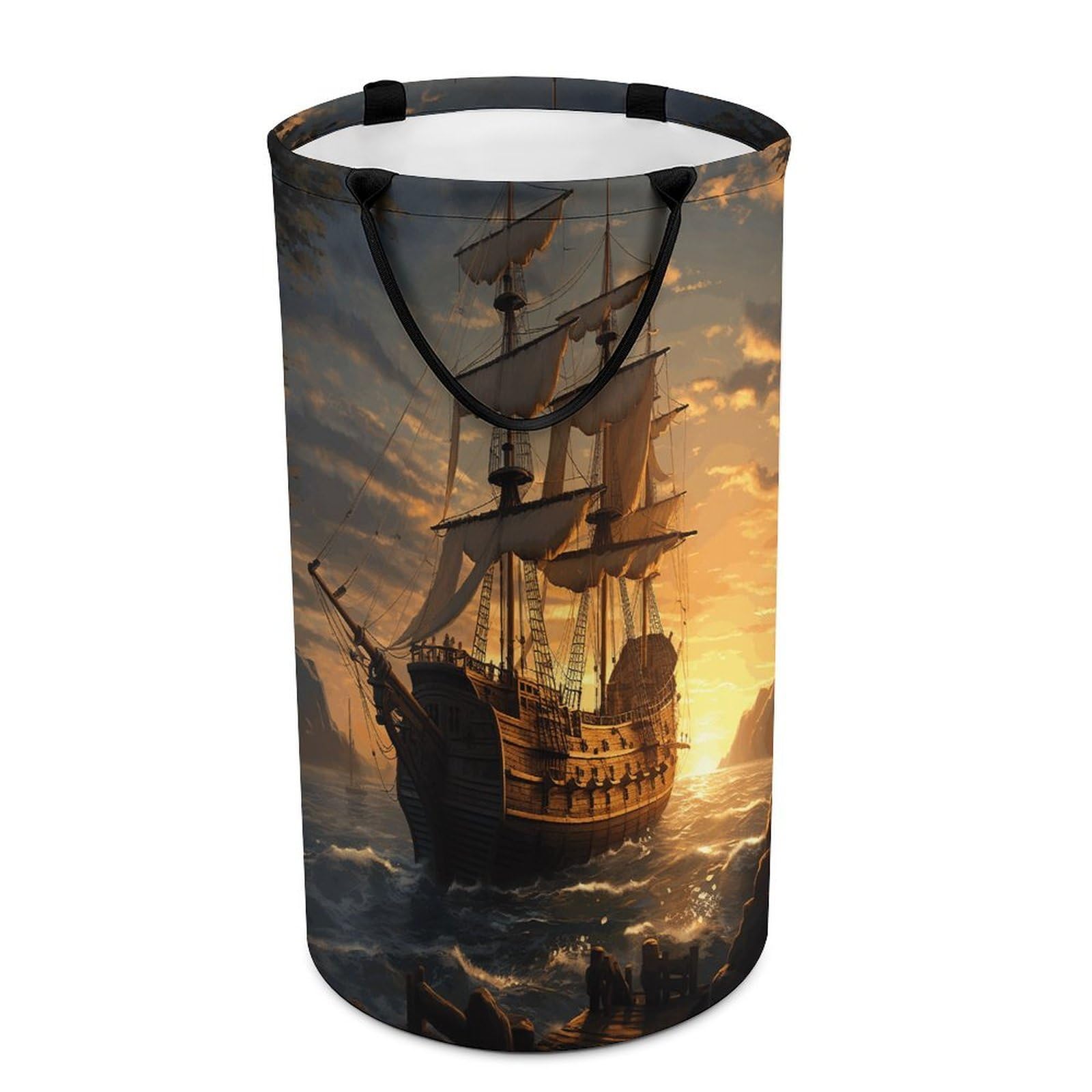 Fantasy Pirate Ship Laundry Basket Large Foldable Laundry Hamper with Handles Freestanding Collapsible Clothes Basket Waterproof Portable Dirty Clothes Hamper for Bathroom 86L