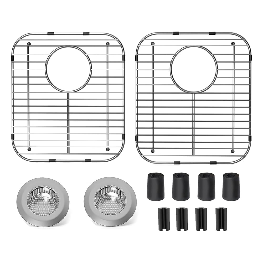 Tuidzljd Sink Protectors with Rear Drain Hole(13.2" X 11.6" X 1.2"), 2-Pack Stainless Steel Kitchen Sink Grid, Sink Rack